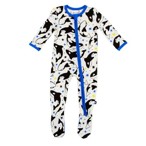 Larkspur Baby | Romper Pajamas | Zipper Footie in Dancing Orcas
