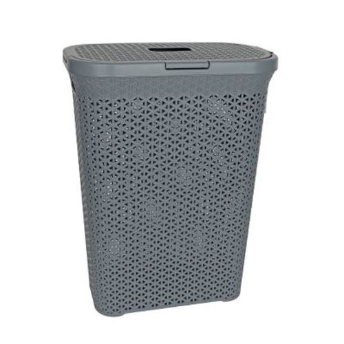 YBM Home Grey 10.5" x 17.5" x 23.75" Plastic Rattan Woven Laundry Hamper Basket with Hinged Lid (1664)