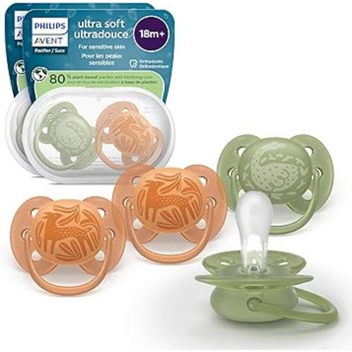 Philips Avent Ultra Soft Pacifiers - Orthodontic Design, for Babies 18 Months+, Flexible Shield, Extra-Firm Silicone Symmetrical Nipple, BPA-Free, with 2 Sterilizing Cases, 4 Pack, SCF093/07