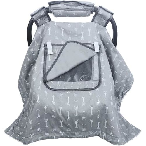Car seat Covers for Babies boy Girl, Carseat Canopy for Newborn Carrier, 2 Layers Windows of mesh/Fabric, No Shifting on Carrier Handle, Cotton and Fleece, Handle Cushion, White Minky
