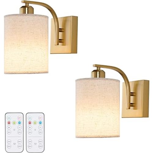 Gold Rechargeable Battery Operated Wall Sconces Set of 2 with Remote, Wireless Dimmable Battery Powered LED Wall Lights, Cordless Wall Lighting Lamp Fixture for Bedroom Living Room