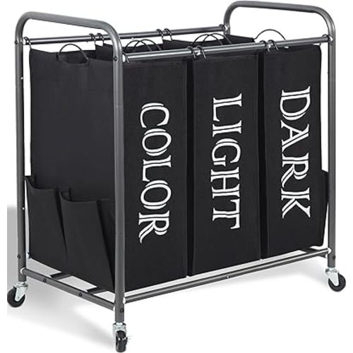 STORAGE MANIAC 3 Section Laundry Sorter, 35.6 Gal (135 L) Laundry Hamper Cart with Heavy Duty Rolling Lockable Wheels and Removable Bags, Clothes Organizer Basket Separator Hamper, Label Black