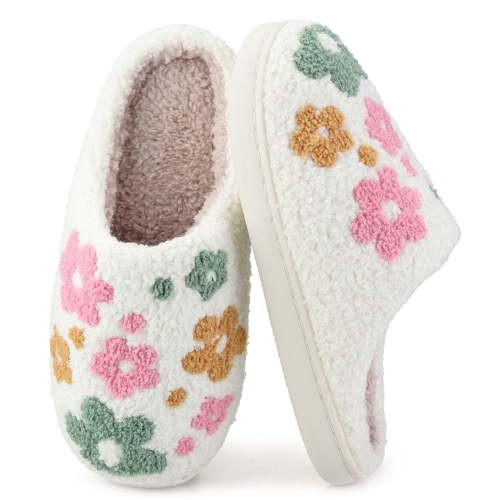 BERANMEY Cute Cartoon Flower Slippers for Women Soft Plush Comfy Warm Slip-On Couple Slippers fo Women Indoor Fluffy House Slippers for Women and Men Non-slip Fuzzy Flat Slides