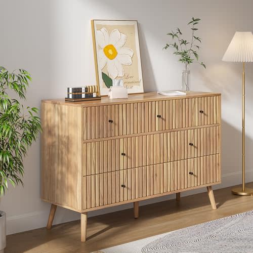 Mxtxmy Fluted 7 Drawers Dresser for Bedroom,Modern Chest of Drawers for Bedroom, Wide Dresser Tv Stand with Black Handles,Wood Dressers Organizer Storage Cabinet Nursery,Living Room,Hallway (Walnut)