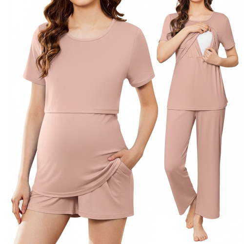 Avidlove Maternity Nursing Pajamas Set 3 Piece Short Sleeve Postpartum Breastfeeding Top Pregnancy Shorts and Long Pants