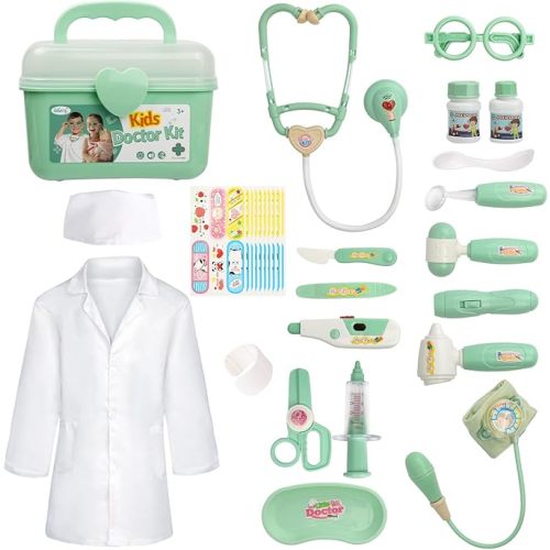 Liberry Doctor Kit for Toddlers 3 4 5 Years Old, 30-Piece Kid Doctor Toy with Stethoscope, Costume, Green Medical Pretend Play, Birthday Gift for Girls Boys