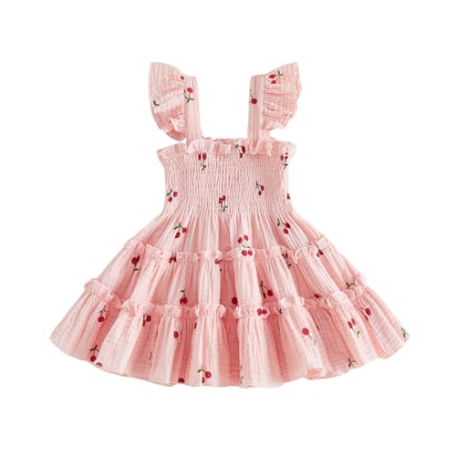 Toddler Baby Girl Dresses Summer Clothes Smocked Dress Sundress | Toddler Baby Girl Dresses Cute Summer Clothes Cherry Print Fly Sleeve Smocked Ruffled Dress Casual Beach Sundress