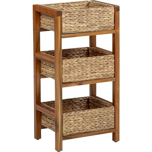 eHemco 3 Tier Hardwood Frame Grocery Storage Organizer Rack with 3 Woven Water Hyacinth Baskets, Light Oak