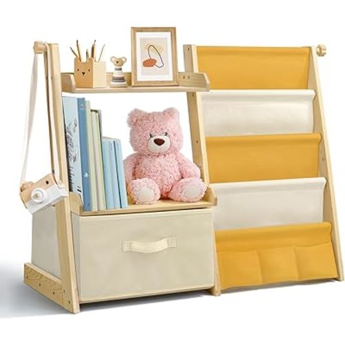 Kids Bookshelf and Toy Organizer 2 in 1,Book Shelf for Kids Rooms with Movable Toy Bin,4 Tier Toddler Sling Book Rack for Nursery Bedroom Playroom (Yellow)