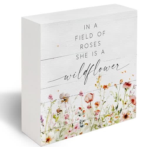In a Field Full of Roses She Is a Wildflower Sign, Christian Gifts for Women, Baby Girl Nursery Botanical Floral Motivational Sign Decor for Home Girls Room Wall Tabletop Shelf Decor 5x5 C16