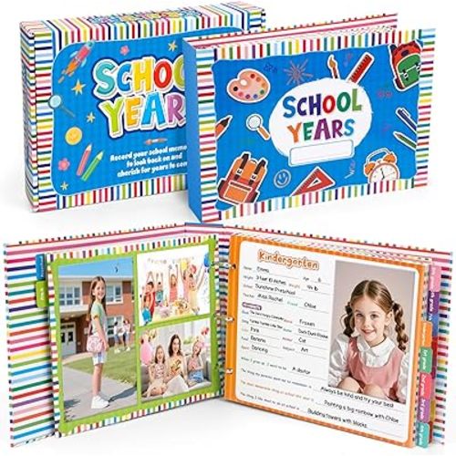 Kasfalci School Memory Book Scrapbook for Kids, Photo Album with Keepsake Pocket from Preschool to 12th Grade, Record School Days & Years Memories & Pictures
