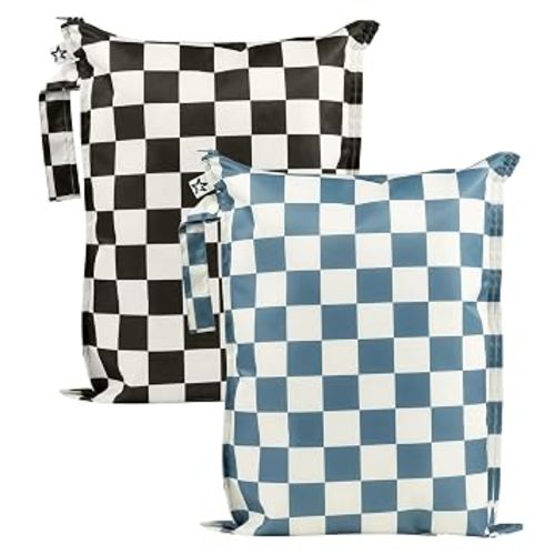 Tiny Twinkle Mess Proof Wet Bags | 2-Pack Reusable Waterproof Wet Bags for Swimsuits | Baby Clothes | Travel & Diaper Bag (Black, Green Checkers)