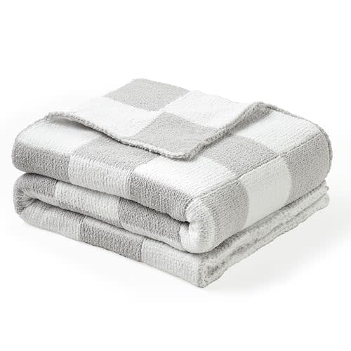 CREVENT 30"X40" Cozy Soft Warm Chenille Baby Blanket for Girls Boys, Newborn Essentials for Infant, Baby Shower Receiving Gift - Checked Grey 75X100cm