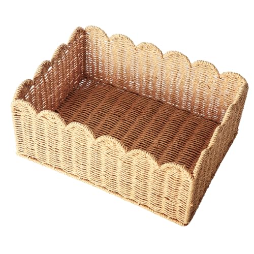 Scalloped Edge Basket, Wicker Storage Baskets, Hand Woven Baskets for Shelves,Natural Baskets for Organizing (M-14" L x 10.5" W x 6" H)