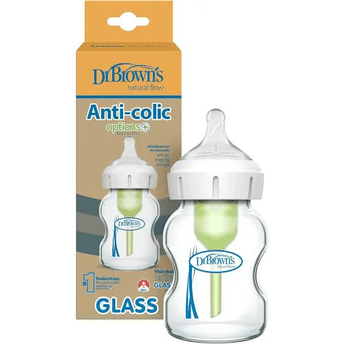 Dr. Brown's Natural Flow Anti-Colic Options+ Wide-Neck Glass Baby Bottle 5 oz/150 mL, with Level 1 Slow Flow Nipple, 1 Pack, 0m+