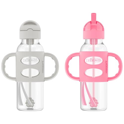 Dr. Brown's Narrow Sippy Straw Bottle with Handles, Gray & Pink, 2-Pack | Teach baby straw-sipping skills, weighted straw lets them drink in any direction, 100% silicone handles, 8 oz, 6m+
