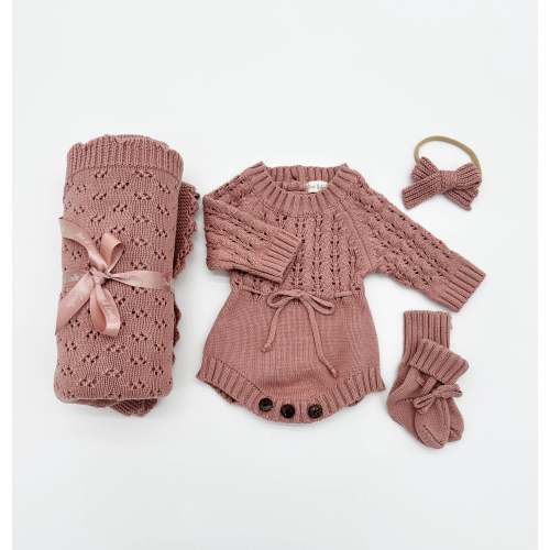 Dusty Pink Zoya Romper Set – Olive and Cradle 4 pc blanket set in NB