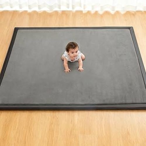 Baby Play Mat for Floor, 71'' x 59'' Thicken Foam Soft Padded Playmat for Tummy Time, Playpen Mat for Toddlers, Water-Repellent Coral Velvet, Non-slip Bottom Safe for Crawling (Light Grey)