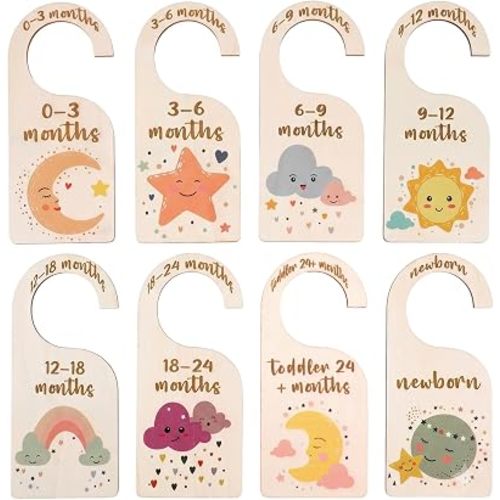 8 Pcs Baby Closet Dividers, Double-Sided Wooden Hanger Closet Dividers, Cute Baby Clothes Organizer for Newborn to 24 Months, Nursery Decor for Closet Size Hangers