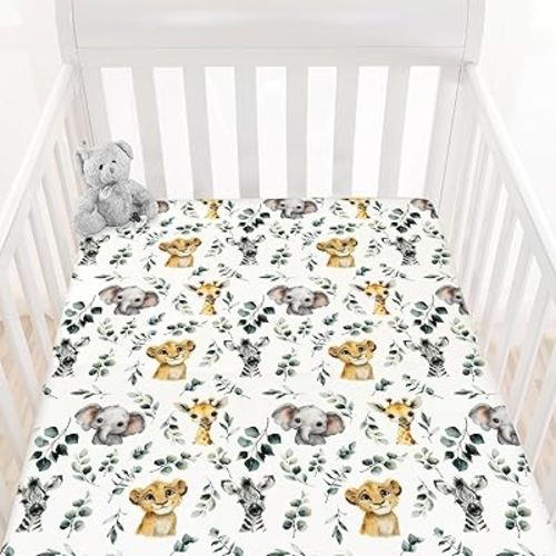 HawSkgFub African Safari Animal Eucalyptus Leaf Fitted Standard Baby Crib Sheet, Neutral Jungle Elephant Giraffe Zebra Lion Toddler Mattress Cover, Soft Stretchy Nursery Bed Sheets Kids Gift 52" x 28"