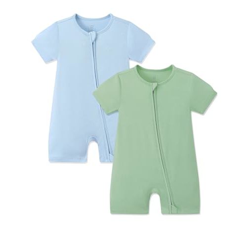 JunNeng Short Sleeve Romper, Rayon from Bamboo Baby Boy Sleeper Jumpsuit | 2 Way YKK Zipper, Cool & Soft, Breathable, Summer 2 Pack Outfits, Footless One-piece