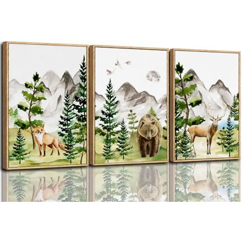 CHDITB Watercolor Forest Animal Nursery Wall Art, Framed Canvas Mountain Wall Decor, Nature Woodland Landscape Wall Painting, Fox Bear Deer Art Prints for Baby Bedroom, Living Room - 16"x24"x3
