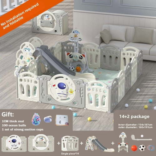 Baby Playpen Astronaut Theme, 14+2 Panels Foldable Baby Fence with Ocean Balls & Play Mat, Basketball Hoop,Safety Gate for Toddlers (Grey/White)