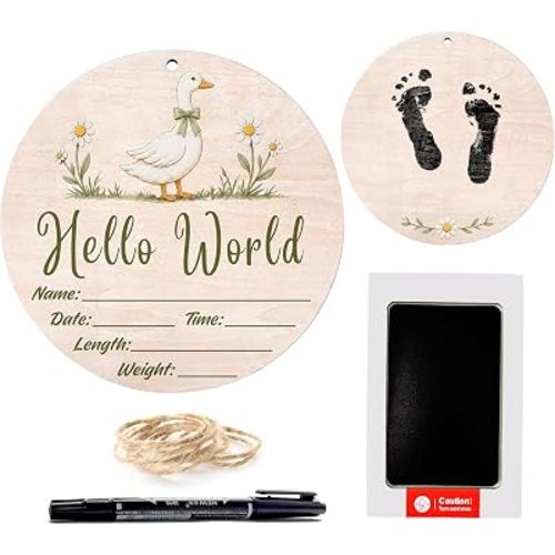 Hello World Baby Announcement Sign, Goose Newborn Sign, 6.7 Inch Round Wooden Name Sign for hospital, With Ink Pad for Hand and Footprints, Marker Pen, Baby Photo Prop & Keepsake