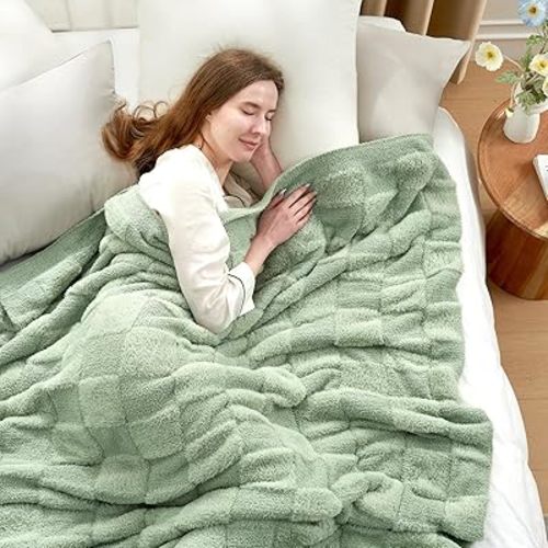 Snuggle Sac Solid Sage Green Checkered Throw Blanket Faux Fur Knitted with Microfiber Yarn, Cozy Soft Warm Blankets for Couch,Sofa,Bedroom, Living Room,Solid Sage Green,50x60 inches