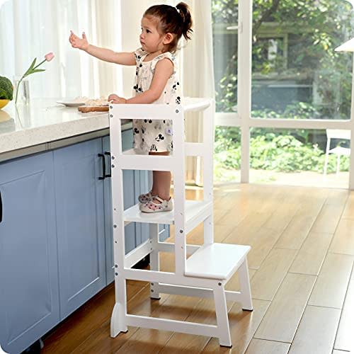Adjustable Height Kitchen Step Stool for Toddlers, Kids Montessori Learning Stool, Baby Standing Tower for Counter, Children Standing Helper (White)