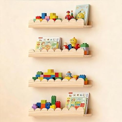 Scalloped Shelves for Nursery - Wall Book Shelves for Bedroom Kids, Nursery Bookshelf for Wall Set of 4, Floating Book Shelves Solid Wood,16 Inch, Natural