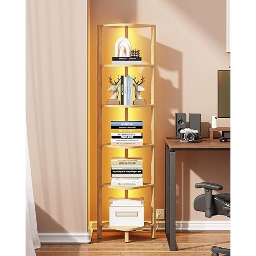 TUTOTAK Corner Shelf with LED Light, 6-Tier Corner Bookshelf for Small Space, Narrow Display Corner Shelf Stand with Storage Rack, for Living Room, Bedroom, Natural BS08BN006L
