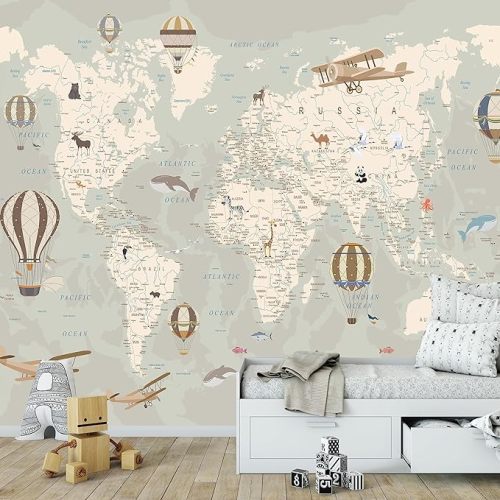 Kids World Map Wallpaper with Animals–Peel and Stick Educational Decals–Nursery Murals for Baby, Toddlers, Boys, Kids Room–Removable Waterproof Decor for Bedroom, Classroom, Playroom(74W x 100H)