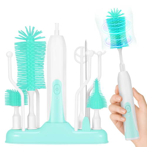 Electric Bottle Brush Cleaner, 7-in-1 Portable Rechargeable Baby Cleaning Set with Silicone, Nipple & Straw Tools, Travel Kit, Mom Essentials Gift, Green