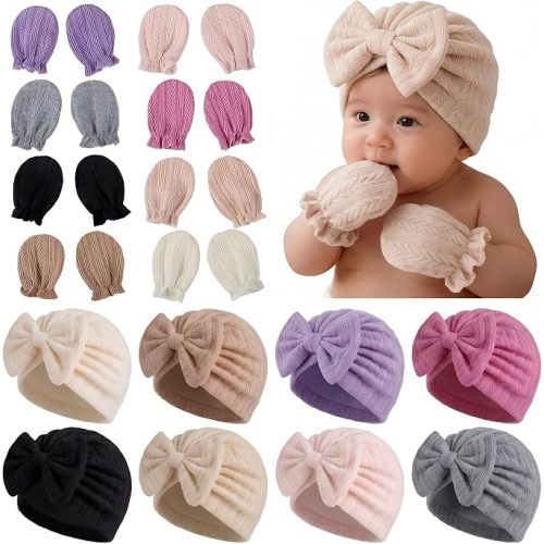 8 Sets Newborn Baby Girl Bow Hats and Mittens Turban Beanies 0-3M