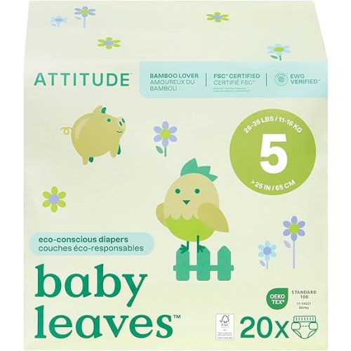 ATTITUDE Eco-Conscious Disposable Diapers, EWG Verified, Size 5 (26-35 lbs), Ultra Absorbent for Baby, Vegan & Plant-Based, 20 Count