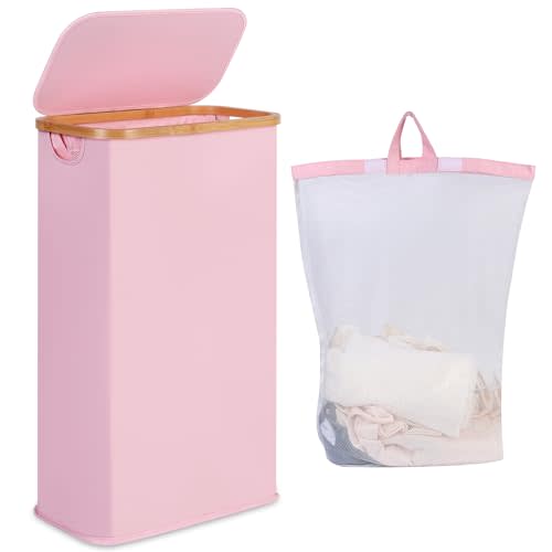 iEGrow 65L Slim Laundry Hamper, Narrow Laundry Basket with Lid,Foldable Clothes Hamper with Bamboo Handles,Hamper Basket with Removable Inner Bag for Laundry Room Bedroom College Dorm,17.17 Gals Pink