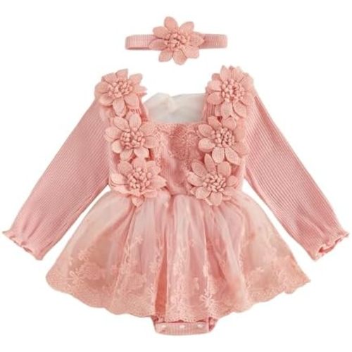 Karwuiio Toddler Baby Girl Clothes Long Sleeve Romper Dress Lace Flower Newborn Infant Fall Winter Outfits