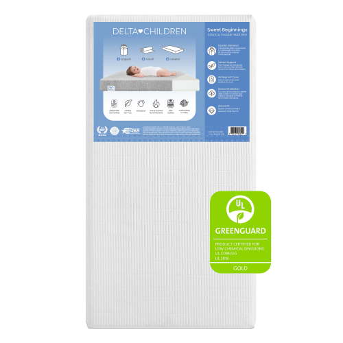 Delta Children Sweet Beginnings Dual Sided Baby Crib Mattress and Toddler Mattress, GREENGUARD Gold and CertiPUR-US Certified, Firm Plant-Based Foam, Waterproof, 5 Year Warranty, Made in USA, White