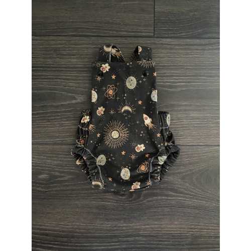 Organic Cotton Baby Romper: Black Boho Astronaut Cross Back