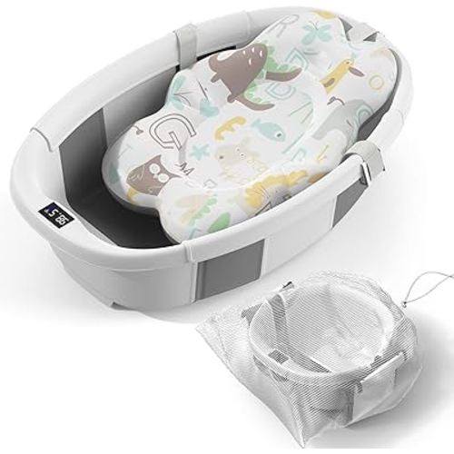 Collapsible Baby Bathtub - Large Baby Bath Tub with Thermometer & Cushion | Travel Portable Newborn Infant Bathtub | Foldable Toddler Bathtub for Baby 0 to 36 Months (Grey)