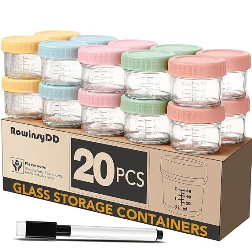 RowinsyDD 20 Pack Glass Baby Food Storage Containers, 4 oz Leakproof Baby Food Jars with Lids, Small Glass Food Containers for Infant Baby, Freezer & Microwave Safe, BPA Free