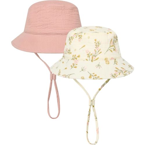 Cooraby 2 Pack Muslin Baby Sun Hat Bucket Hats with Wide Brim Adjustable Beach Hat for Boys Girls