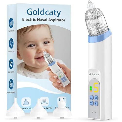 Electric Nasal Aspirator, Nose Suction for Baby, Baby Nose Sucker, Rechargeable Nose Aspirator for Babies with 3 Silicone Tips, Adjustable 5 Suction Level, Music and Light Soothing Function, Blue