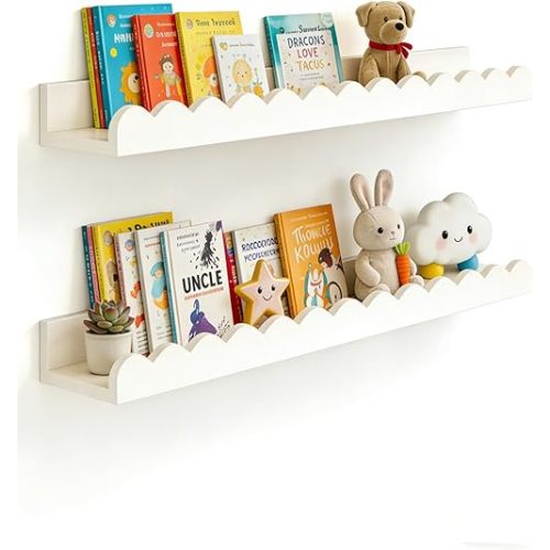 Floating Nursery Book Shelves, Scalloped Shelves for Kids Room 20 Inches, Nursery Bookshelf for Wall Set of 2, Nursery Shelves for Wall Wood, White