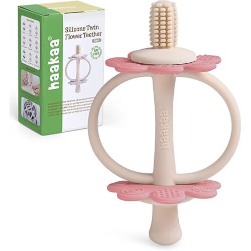 haakaa Silicone Twin Flower Teether,Nipple-Shaped End for Gum Massage,360° Baby Toothbrush Head for Self-Brushing Training,Easy to Grip -Rosehip