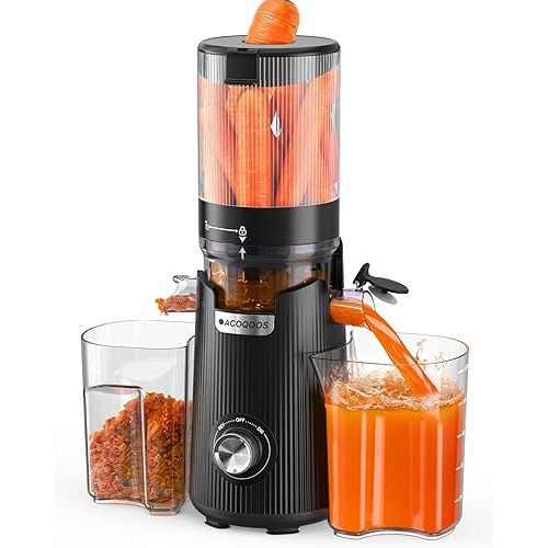 Cold Press Juicer, Auto Feed & Pre-cut, 55 RPM Slow Masticating High Juice Yield Juicer Machines, Easy to Clean, 5.3" Wide Chute, 1.8L Hopper with 2 Cups, Black
