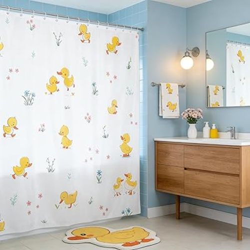Cute Duck Shower Curtain Kids Boys Girls Cartoon Flowers Leaves Waterproof Curtain Farmhouse Animals Plants Bathroom Curtain Teens Adult Room Decor Yellow White Bath Curtain,12 Hooks,72"Wx72"L