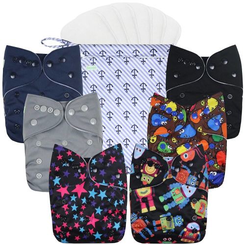 wegreeco Cloth Diapers 6 Pack with 6 Inserts, Washable Cloth Diapers for Babies, One Size Adjustable Reusable (with 1 Wet Bag,Boy Prints)