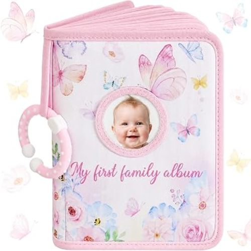 Motiskyy My First Family Album for Baby, Holds 29 4x6 Photos, Soft Toddler Photo Book with Dual Safe Mirror & Hanging Hook, Early Educational Memory Book Gift for Newborn Kids Baby Shower (Butterfly)